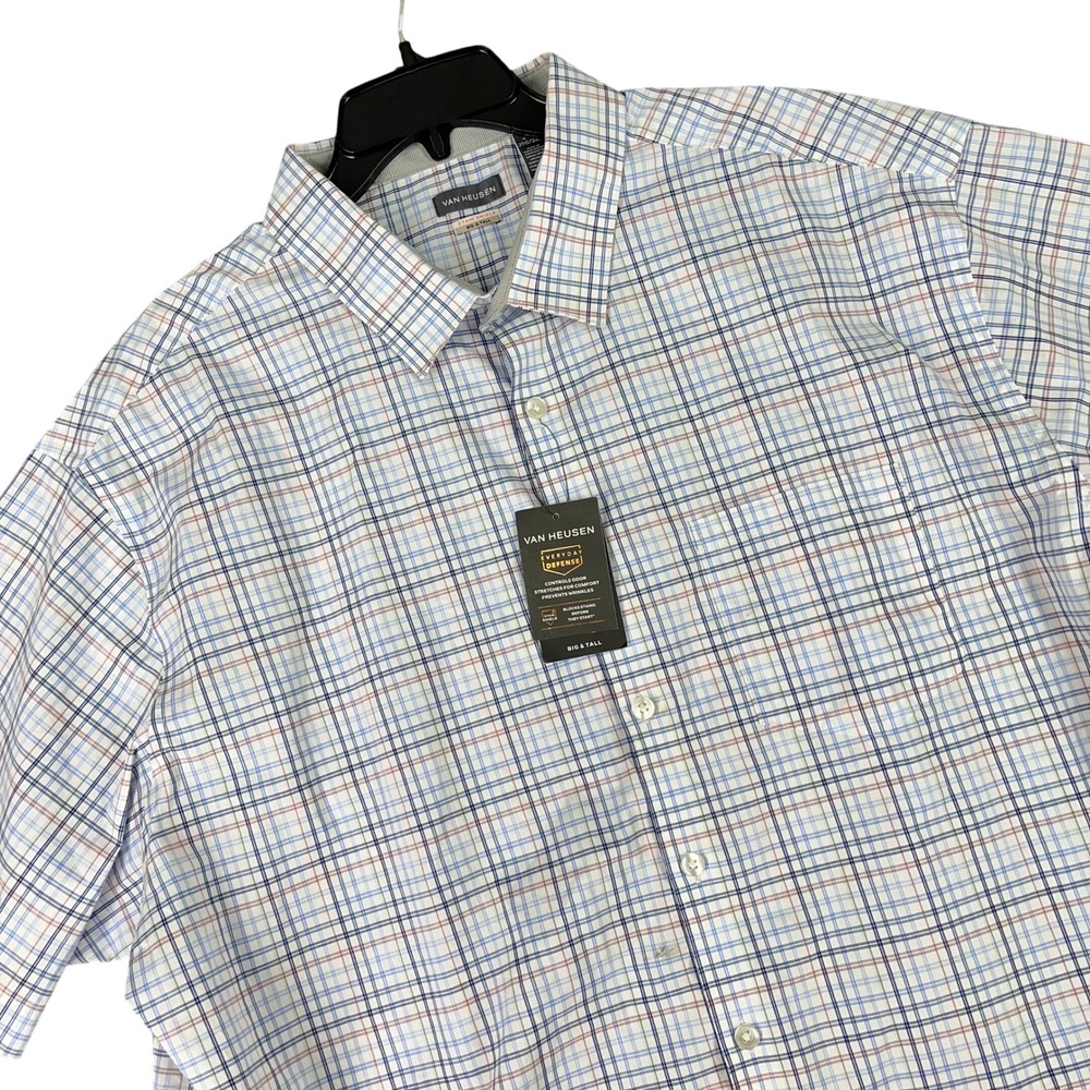Van Heusen Stain Shield Tattersall Plaid Shirt Men 2XL Big Tall Stretch Workwear